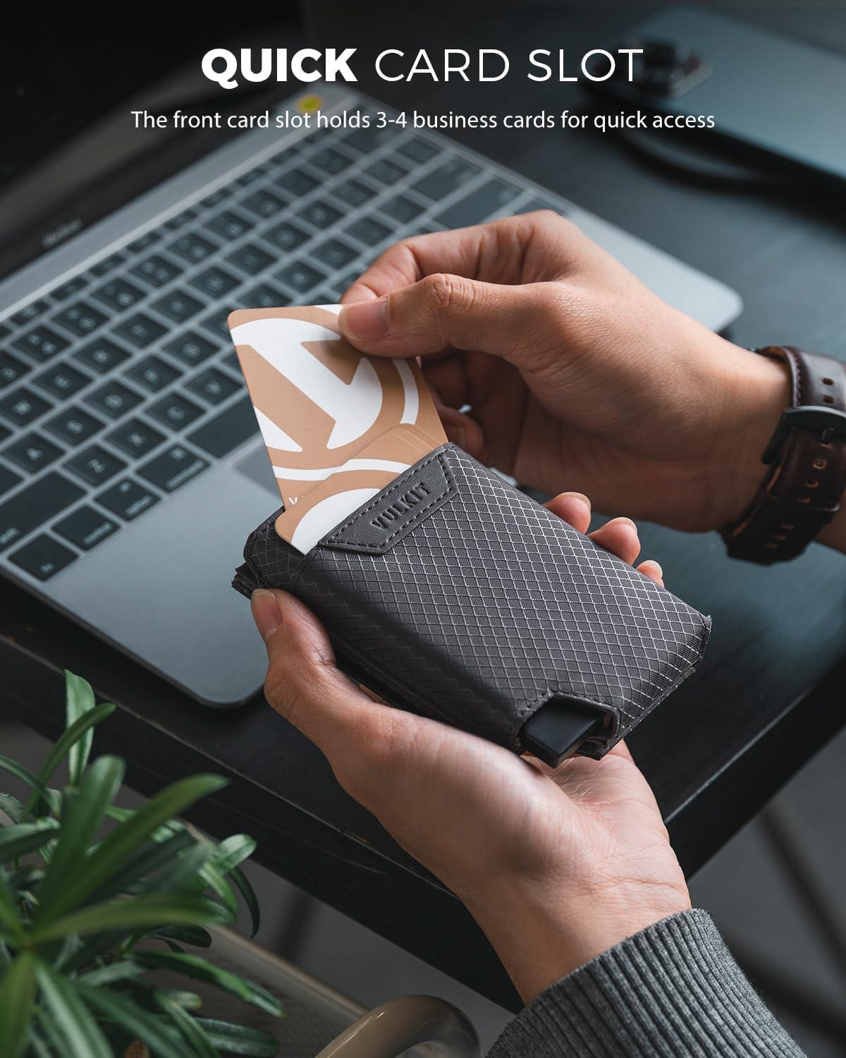 image:imageVULKIT Bifold Pop up Card Holder with Money Compartment Business Card Case Minimalist Front Pocket Wallet for Men GreenGrey