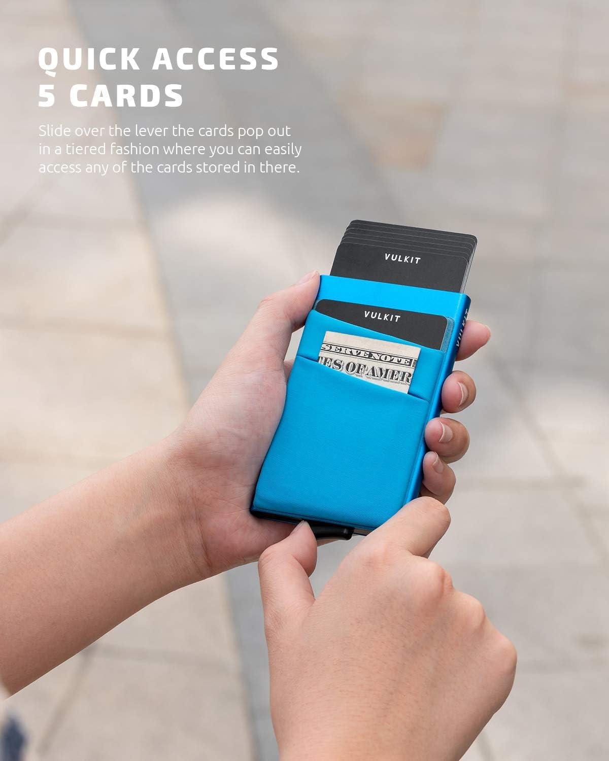 image:imageVULKIT Card Holder with Money Pocket Pop Up Wallet RFID Blocking Slim Metal Bank Card Case Holds 5 Cards and NotesBlue