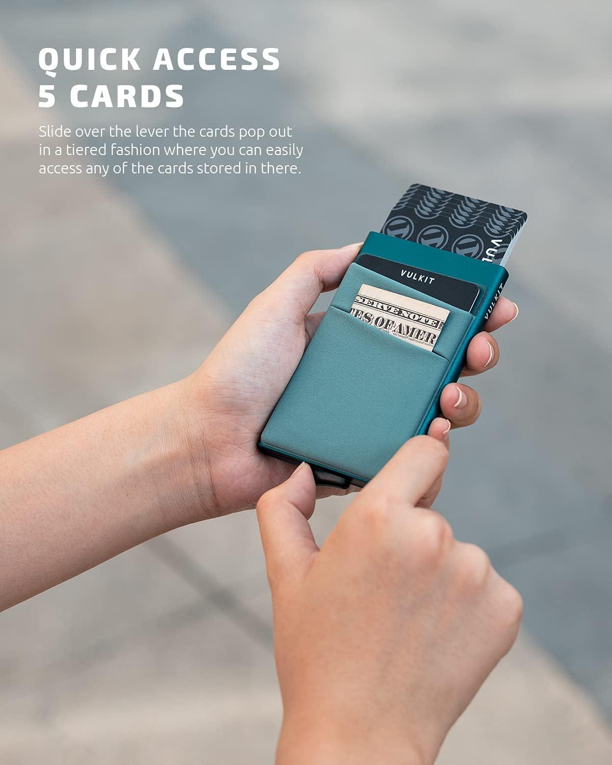image:imageVULKIT Card Holder with Money Pocket Pop Up Wallet RFID Blocking Slim Metal Bank Card Case Holds 5 Cards and NotesEmerald Green