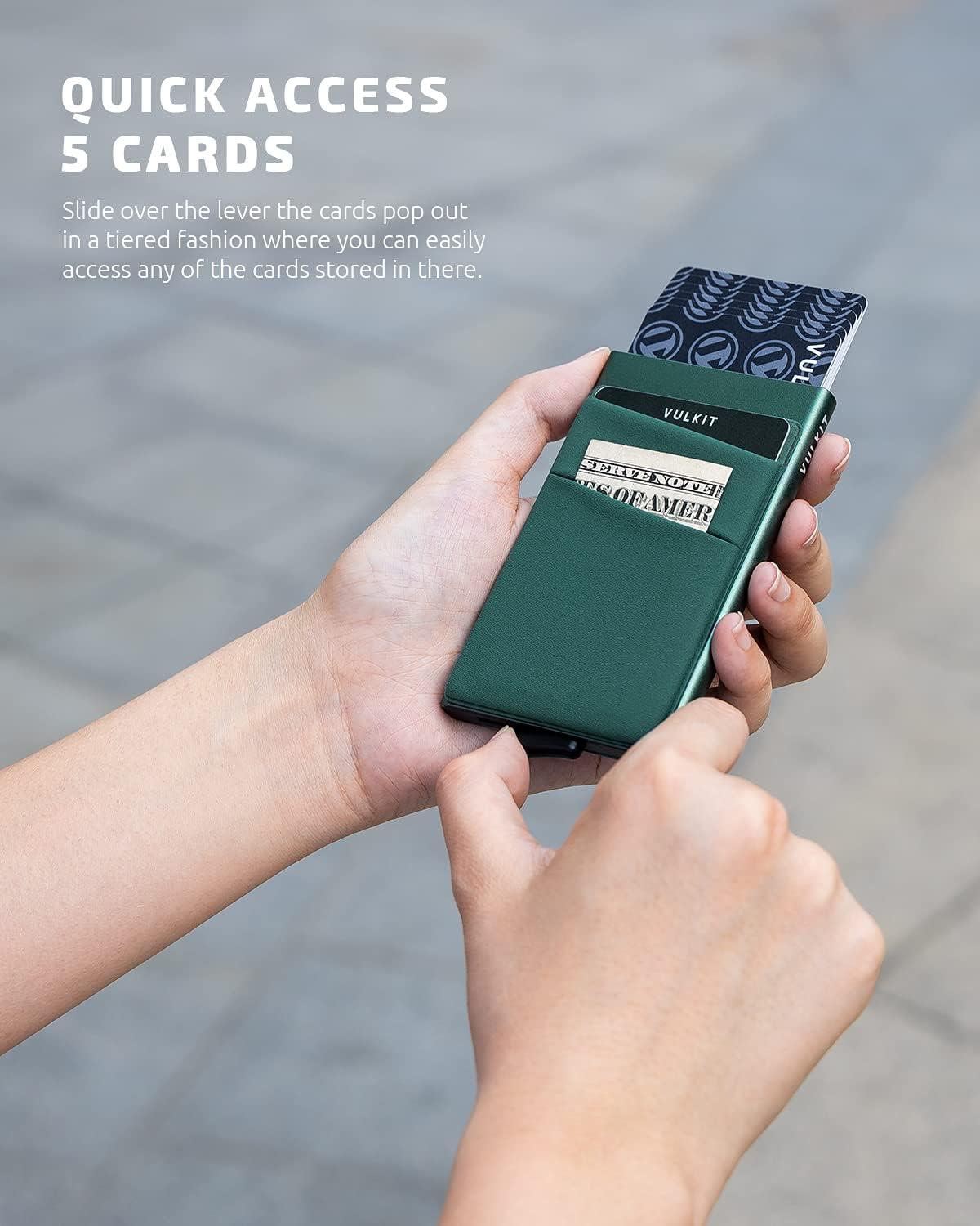 image:imageVULKIT Card Holder with Money Pocket Pop Up Wallet RFID Blocking Slim Metal Bank Card Case Holds 5 Cards and NotesMidnight Green