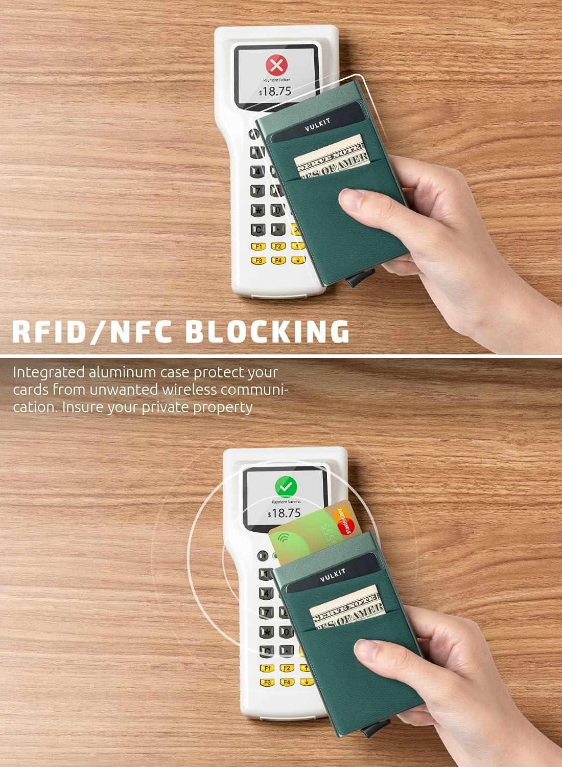 image:imageVULKIT Card Holder with Money Pocket Pop Up Wallet RFID Blocking Slim Metal Bank Card Case Holds 5 Cards and NotesMidnight Green