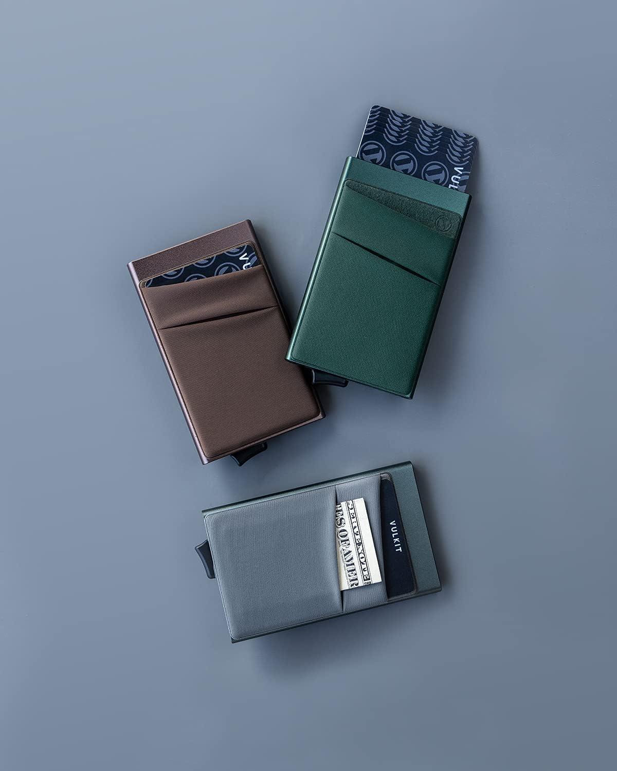 image:imageVULKIT Card Holder with Money Pocket Pop Up Wallet RFID Blocking Slim Metal Bank Card Case Holds 5 Cards and NotesMidnight Green