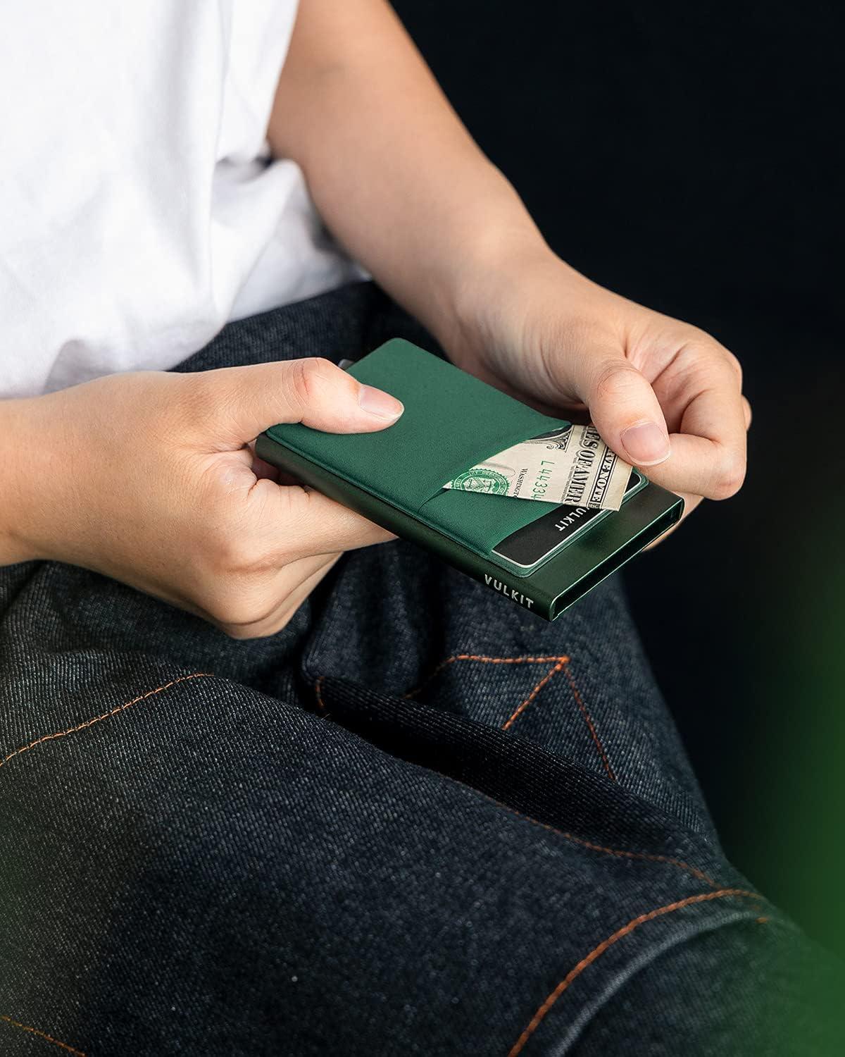 image:imageVULKIT Card Holder with Money Pocket Pop Up Wallet RFID Blocking Slim Metal Bank Card Case Holds 5 Cards and NotesMidnight Green