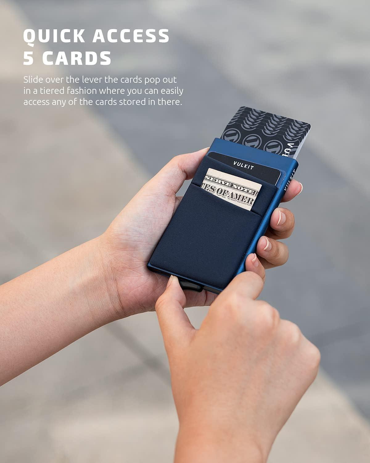 image:imageVULKIT Card Holder with Money Pocket Pop Up Wallet RFID Blocking Slim Metal Bank Card Case Holds 5 Cards and NotesNavy