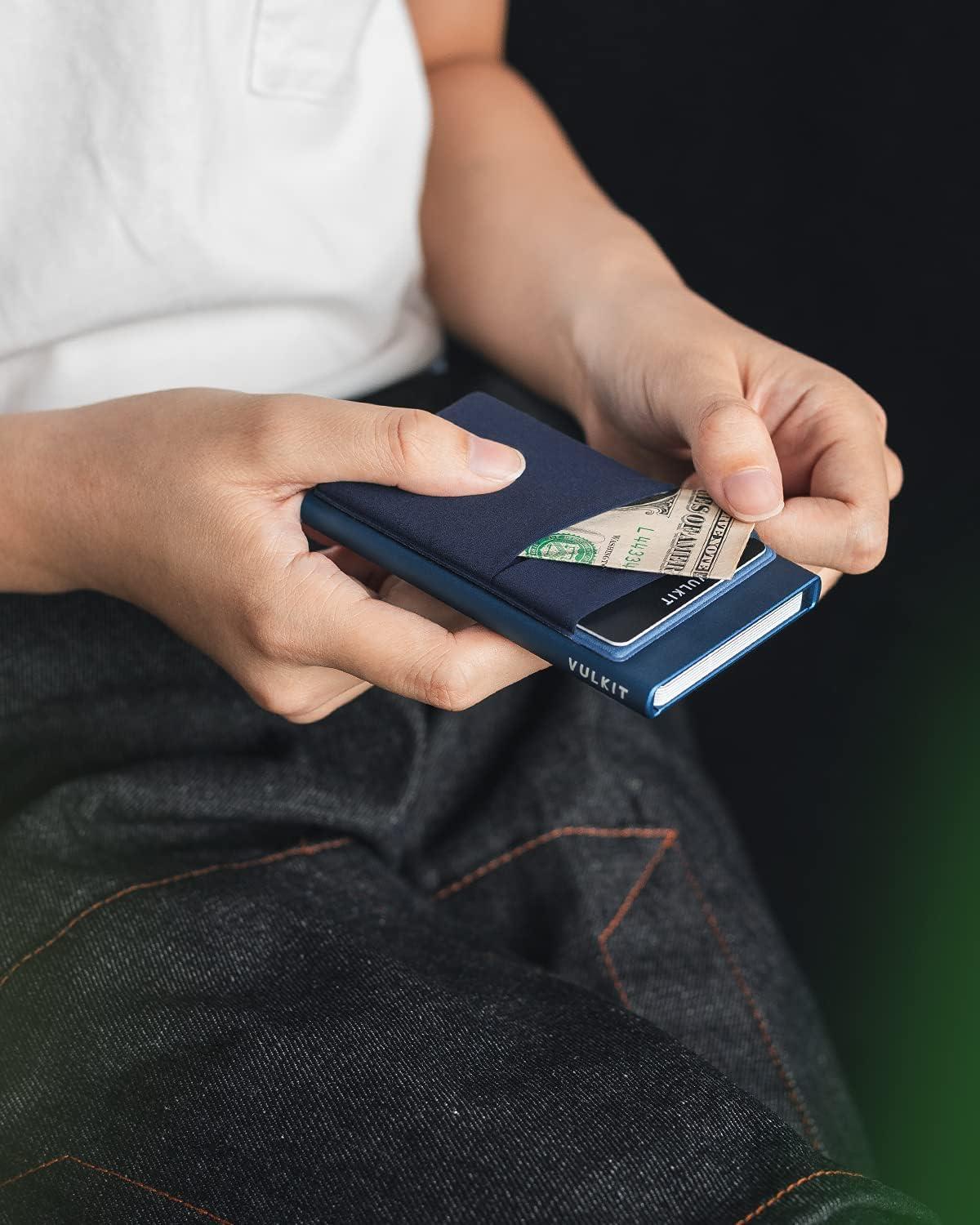 image:imageVULKIT Card Holder with Money Pocket Pop Up Wallet RFID Blocking Slim Metal Bank Card Case Holds 5 Cards and NotesNavy