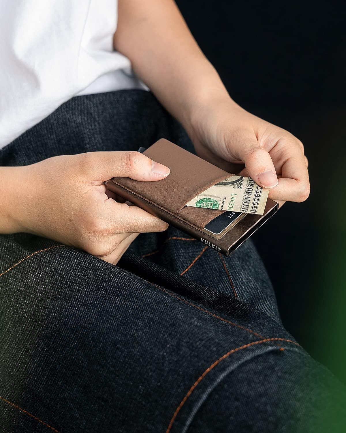 image:imageVULKIT Card Holder with Money Pocket Pop Up Wallet RFID Blocking Slim Metal Bank Card Case Holds 5 Cards and NotesNickle Grey