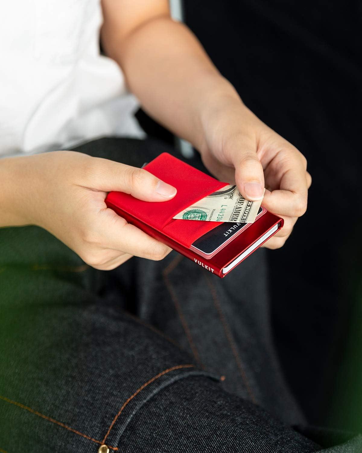 image:imageVULKIT Card Holder with Money Pocket Pop Up Wallet RFID Blocking Slim Metal Bank Card Case Holds 5 Cards and NotesRed