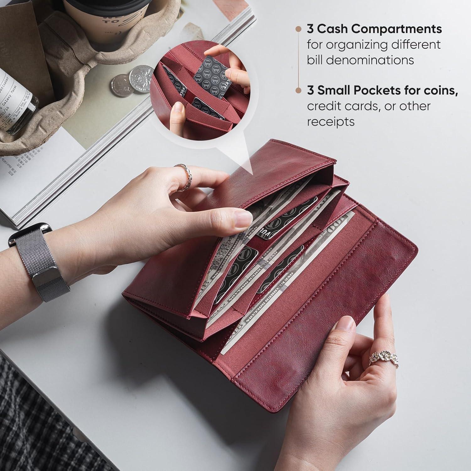 image:imageVULKIT Cash Envelope Wallet for Women Money Wallet Organizer for Cash 3 Bill amp Receipt Compartments 3 Card amp Coin Holders Classic BlackWine Red