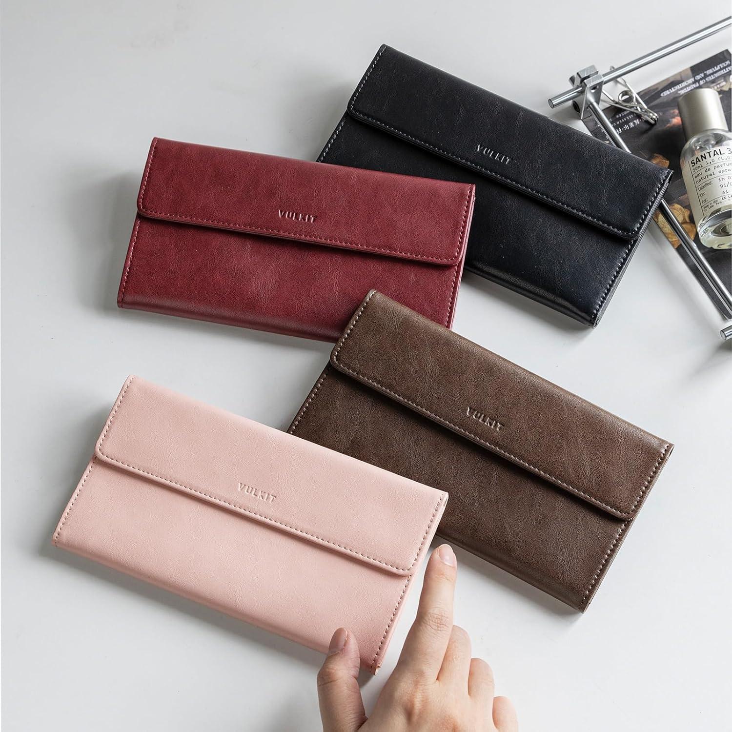 image:imageVULKIT Cash Envelope Wallet for Women Money Wallet Organizer for Cash 3 Bill amp Receipt Compartments 3 Card amp Coin Holders Classic BlackWine Red