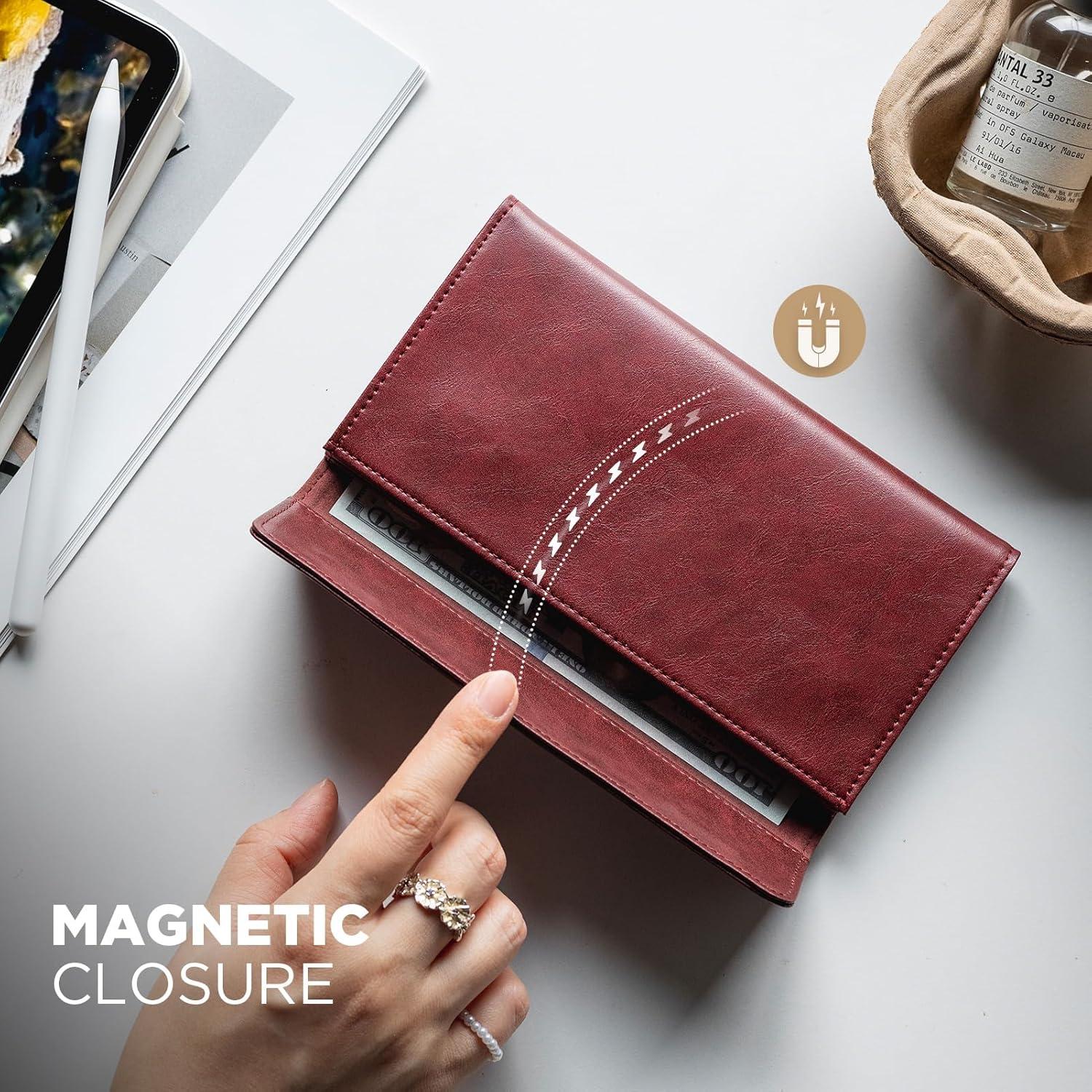 image:imageVULKIT Cash Envelope Wallet for Women Money Wallet Organizer for Cash 3 Bill amp Receipt Compartments 3 Card amp Coin Holders Classic BlackWine Red