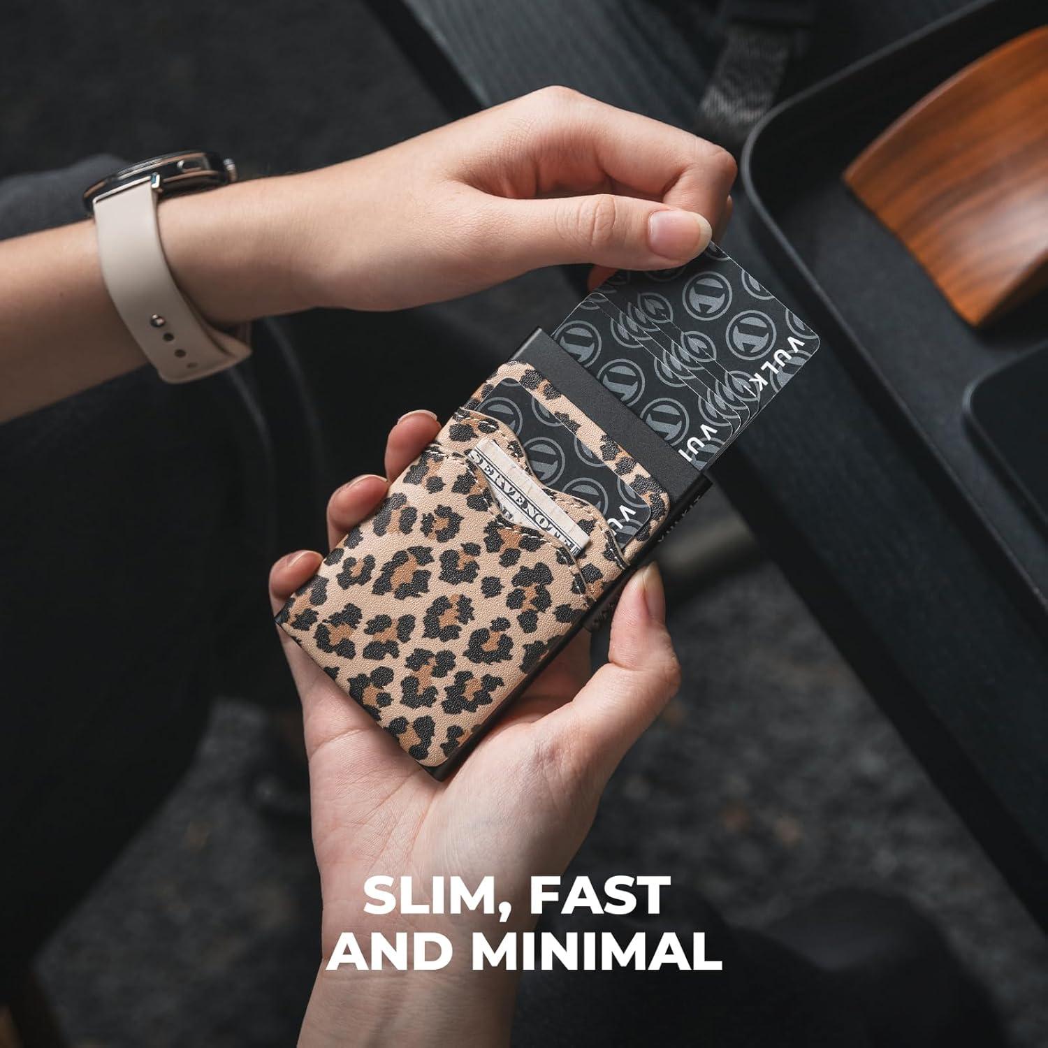 image:imageVULKIT Credit Card Holder Minimalist Slim Pop Up Wallet with Leather Slots RFID Blocking for Men and Women Holds 7 Cards and Notes WineLeopard Chic