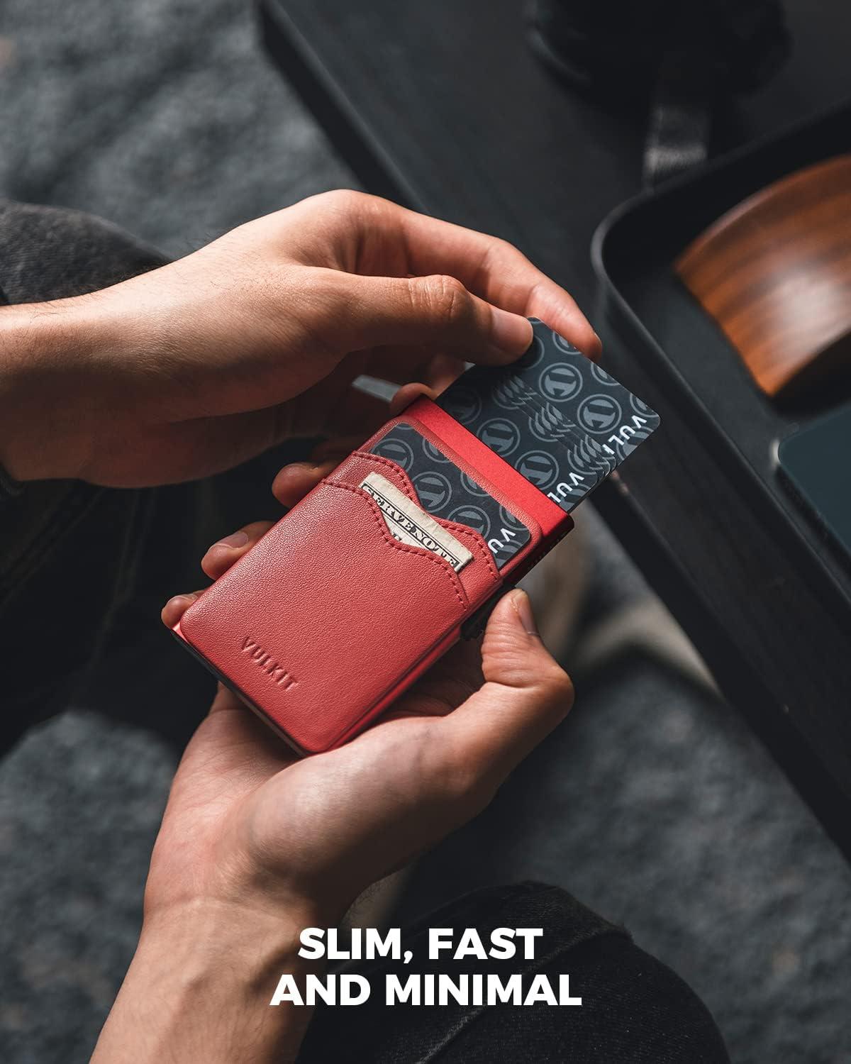 image:imageVULKIT Credit Card Holder Minimalist Slim Pop Up Wallet with Leather Slots RFID Blocking for Men and Women Holds 7 Cards and Notes WineRed