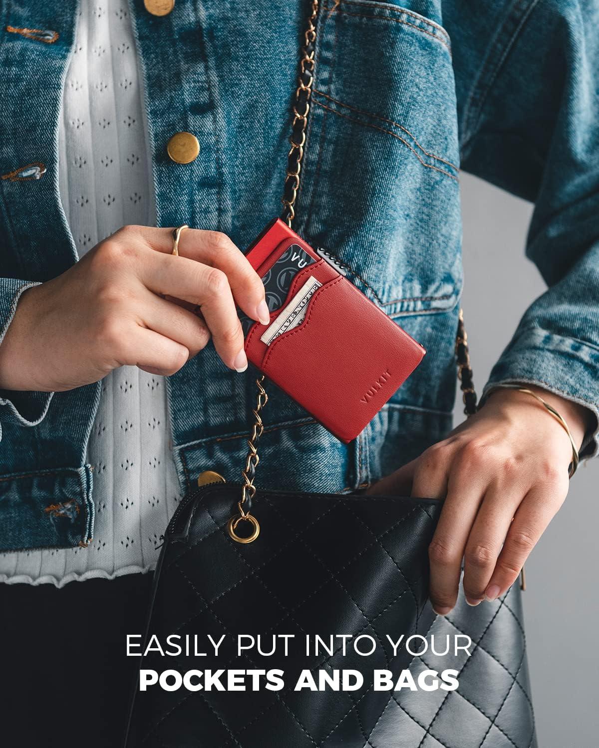 image:imageVULKIT Credit Card Holder Minimalist Slim Pop Up Wallet with Leather Slots RFID Blocking for Men and Women Holds 7 Cards and Notes WineRed