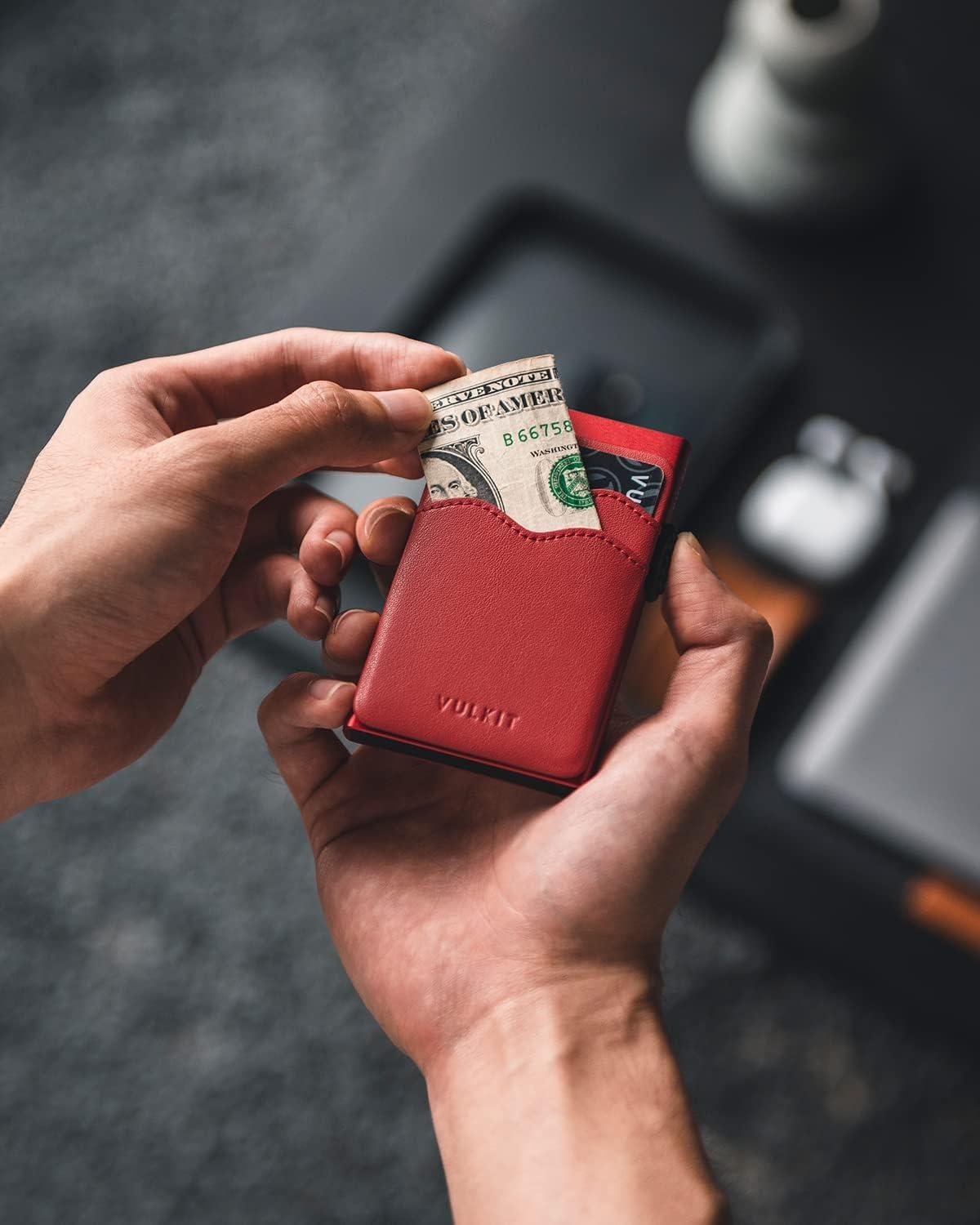 image:imageVULKIT Credit Card Holder Minimalist Slim Pop Up Wallet with Leather Slots RFID Blocking for Men and Women Holds 7 Cards and Notes WineRed