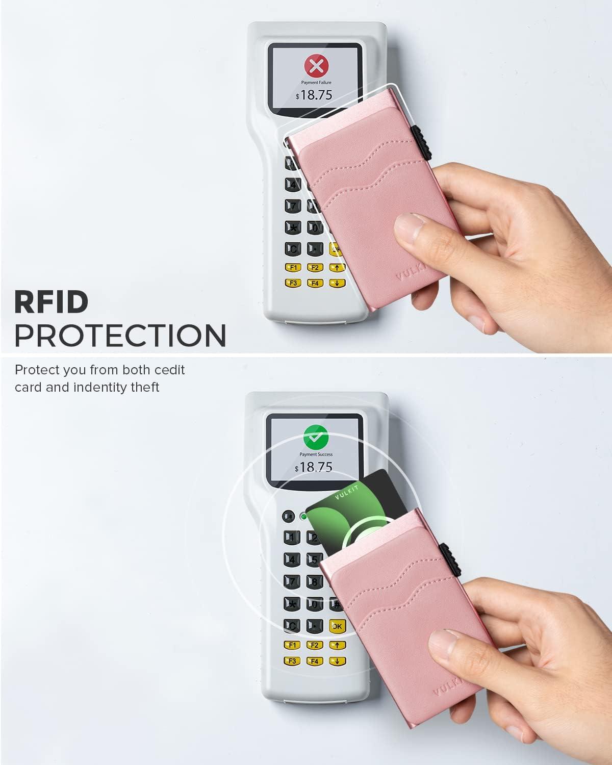 image:imageVULKIT Credit Card Holder Minimalist Slim Pop Up Wallet with Leather Slots RFID Blocking for Men and Women Holds 7 Cards and Notes WineRose