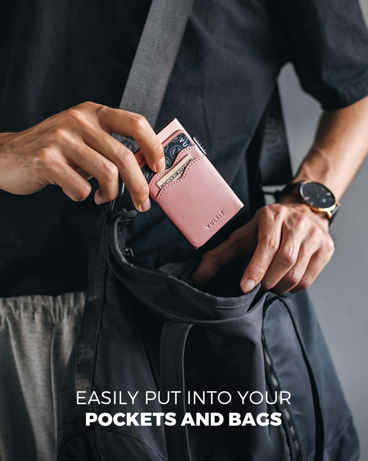 image:imageVULKIT Credit Card Holder Minimalist Slim Pop Up Wallet with Leather Slots RFID Blocking for Men and Women Holds 7 Cards and Notes WineRose