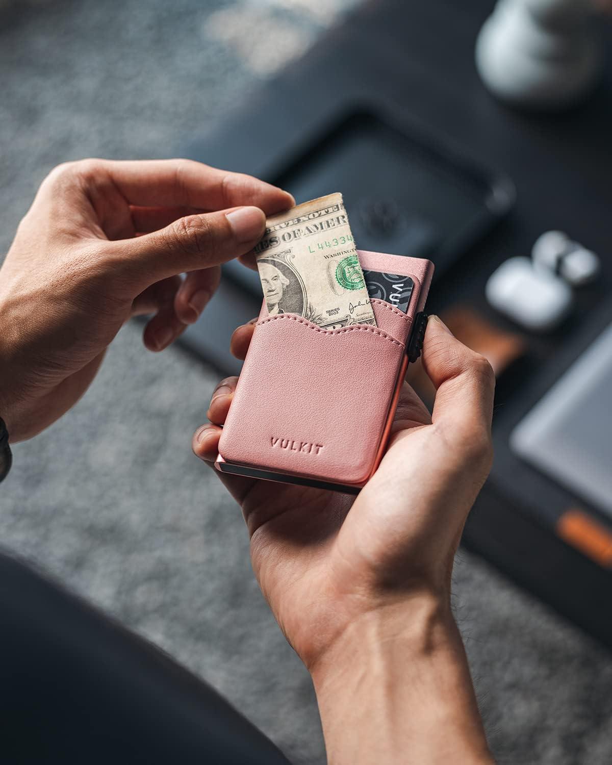 image:imageVULKIT Credit Card Holder Minimalist Slim Pop Up Wallet with Leather Slots RFID Blocking for Men and Women Holds 7 Cards and Notes WineRose