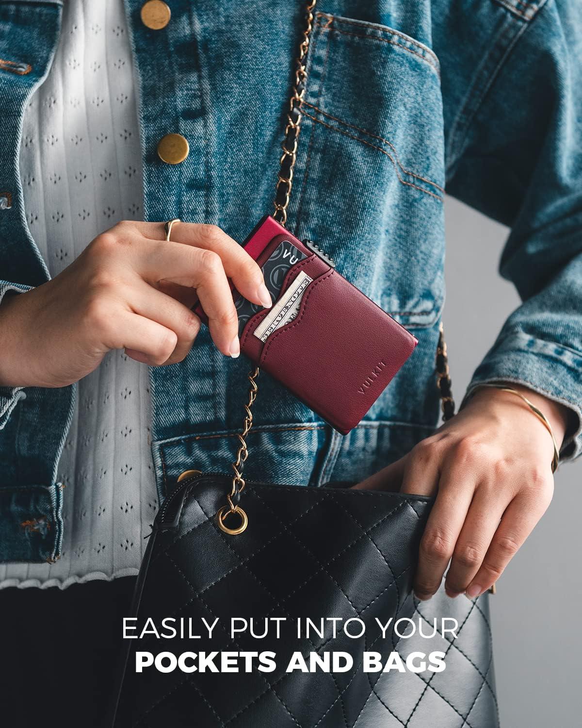 image:imageVULKIT Credit Card Holder Minimalist Slim Pop Up Wallet with Leather Slots RFID Blocking for Men and Women Holds 7 Cards and Notes WineWine