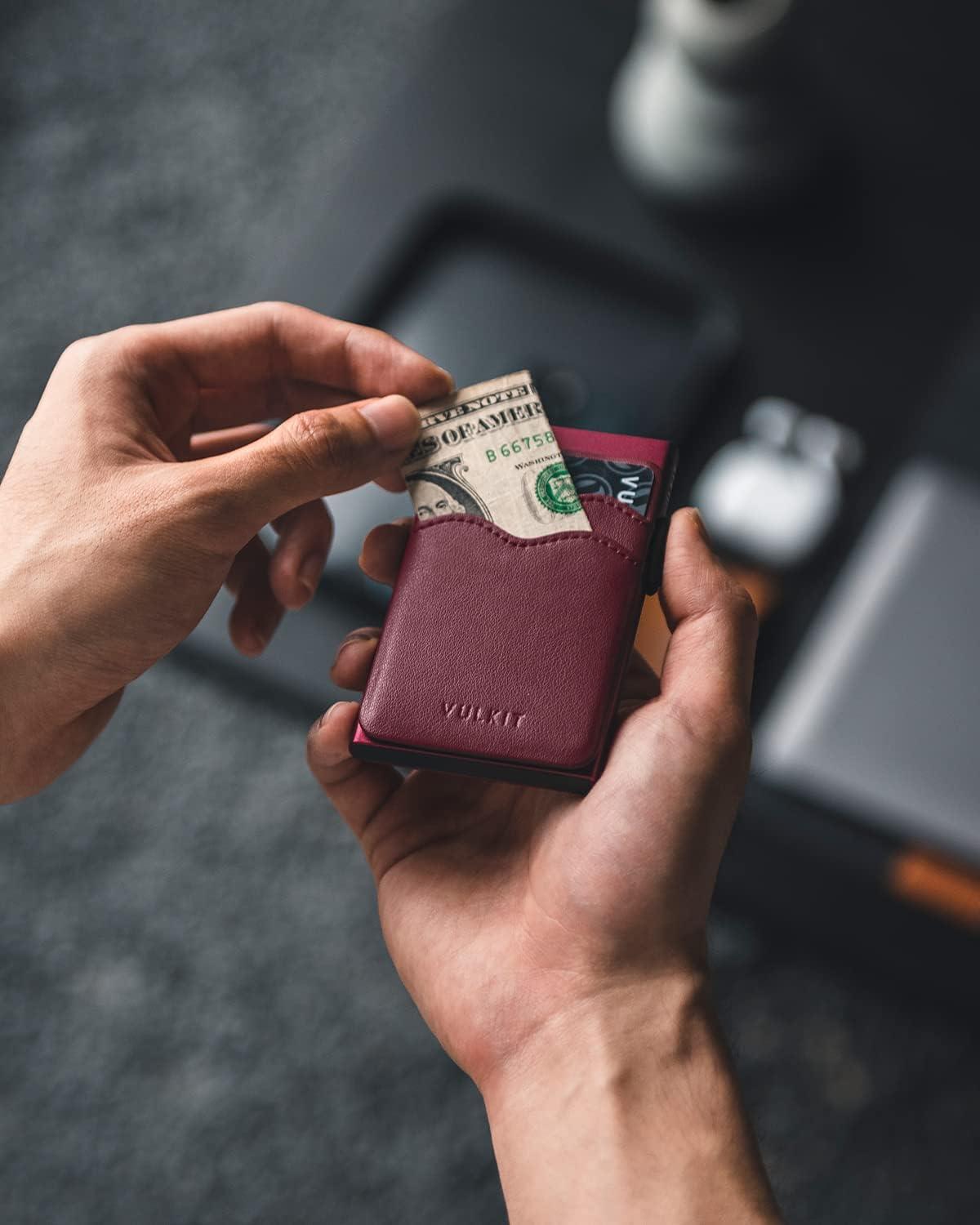 image:imageVULKIT Credit Card Holder Minimalist Slim Pop Up Wallet with Leather Slots RFID Blocking for Men and Women Holds 7 Cards and Notes WineWine