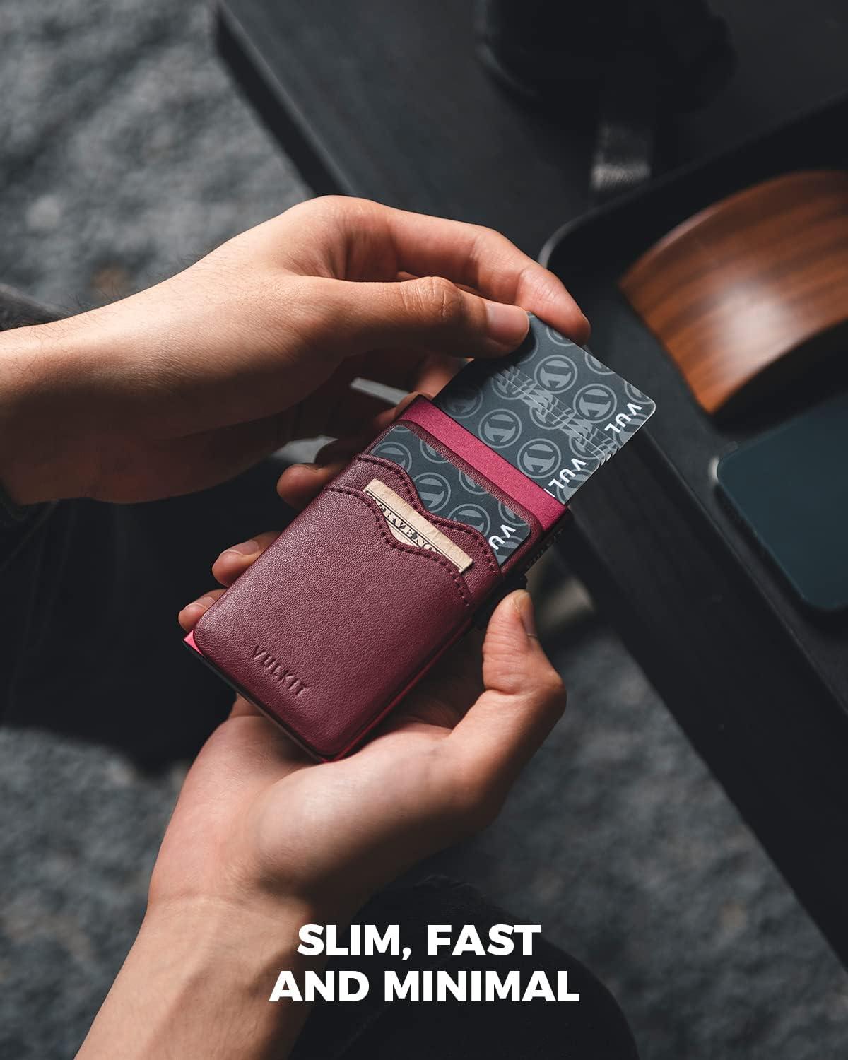 image:imageVULKIT Credit Card Holder Minimalist Slim Pop Up Wallet with Leather Slots RFID Blocking for Men and Women Holds 7 Cards and Notes WineWine