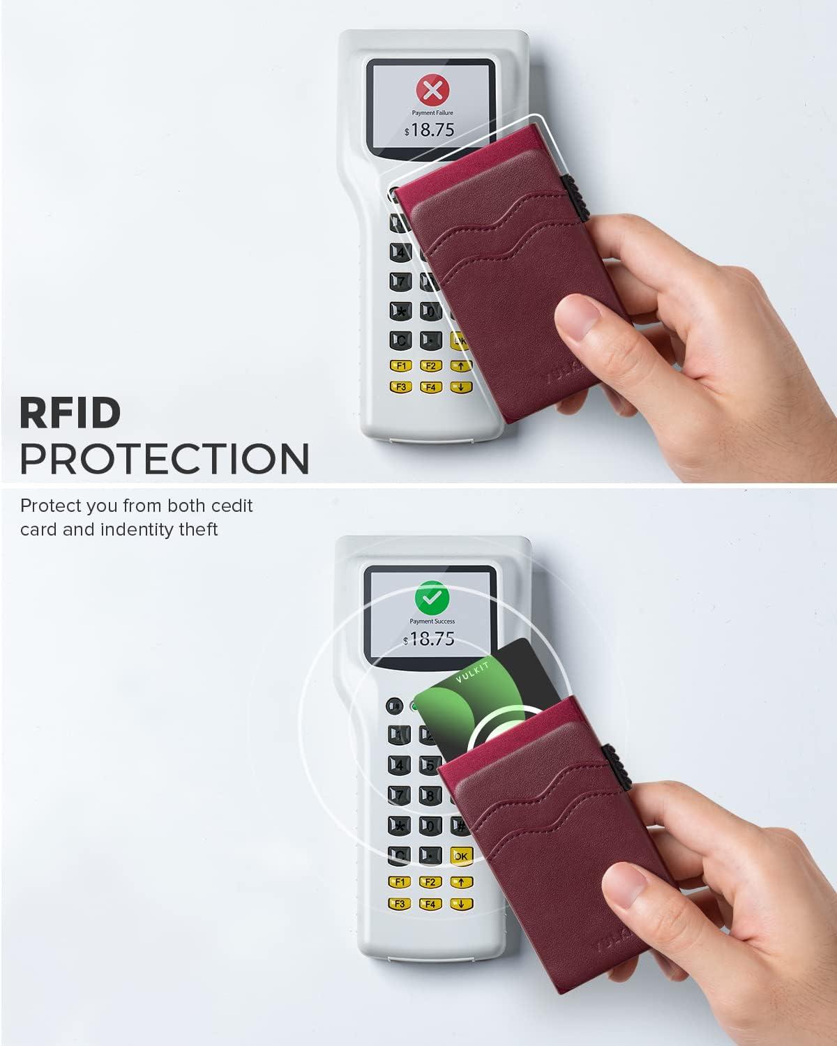 image:imageVULKIT Credit Card Holder Minimalist Slim Pop Up Wallet with Leather Slots RFID Blocking for Men and Women Holds 7 Cards and Notes WineWine