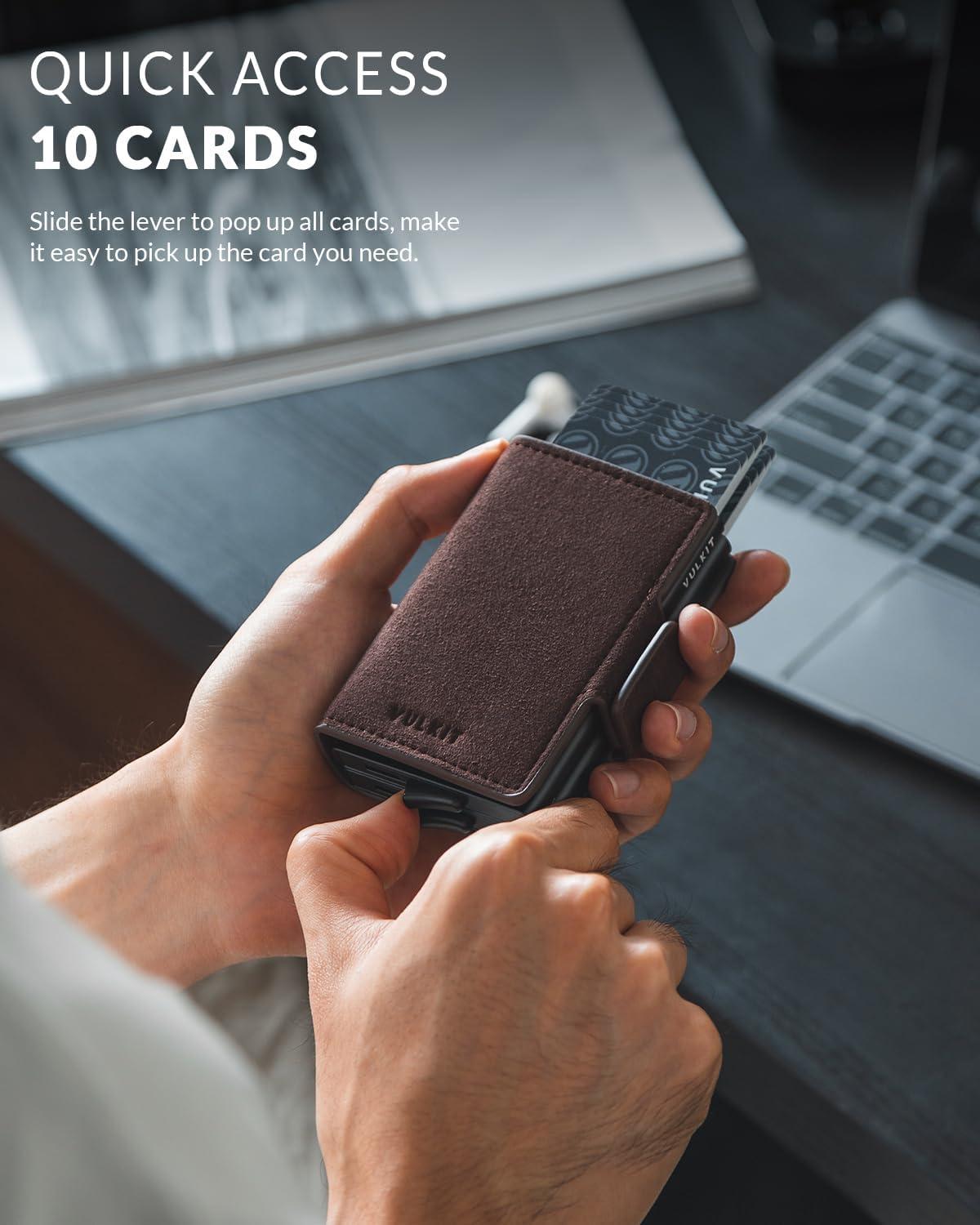 image:imageVULKIT Credit Card Holder RFID Blocking Leather Automatic Pop Up Wallet Magnetic Wallet Double Card Case for Men and WomenAlcantara Brown
