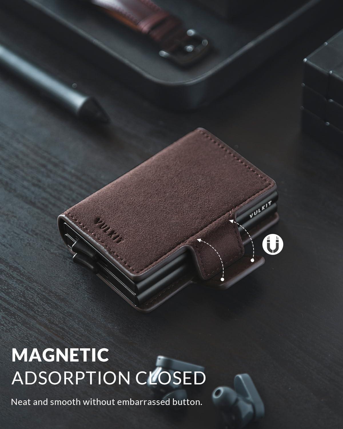 image:imageVULKIT Credit Card Holder RFID Blocking Leather Automatic Pop Up Wallet Magnetic Wallet Double Card Case for Men and WomenAlcantara Brown