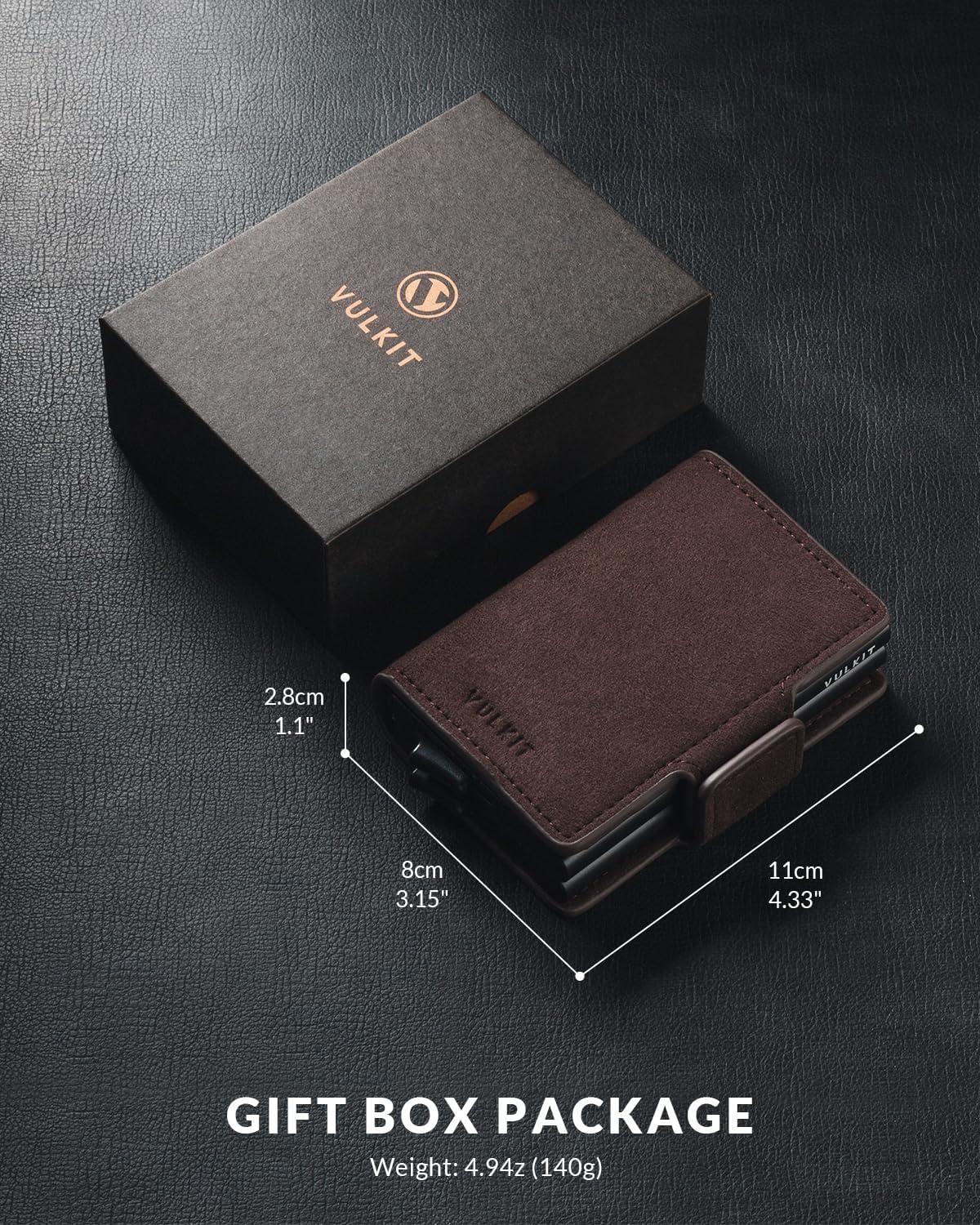 image:imageVULKIT Credit Card Holder RFID Blocking Leather Automatic Pop Up Wallet Magnetic Wallet Double Card Case for Men and WomenAlcantara Brown