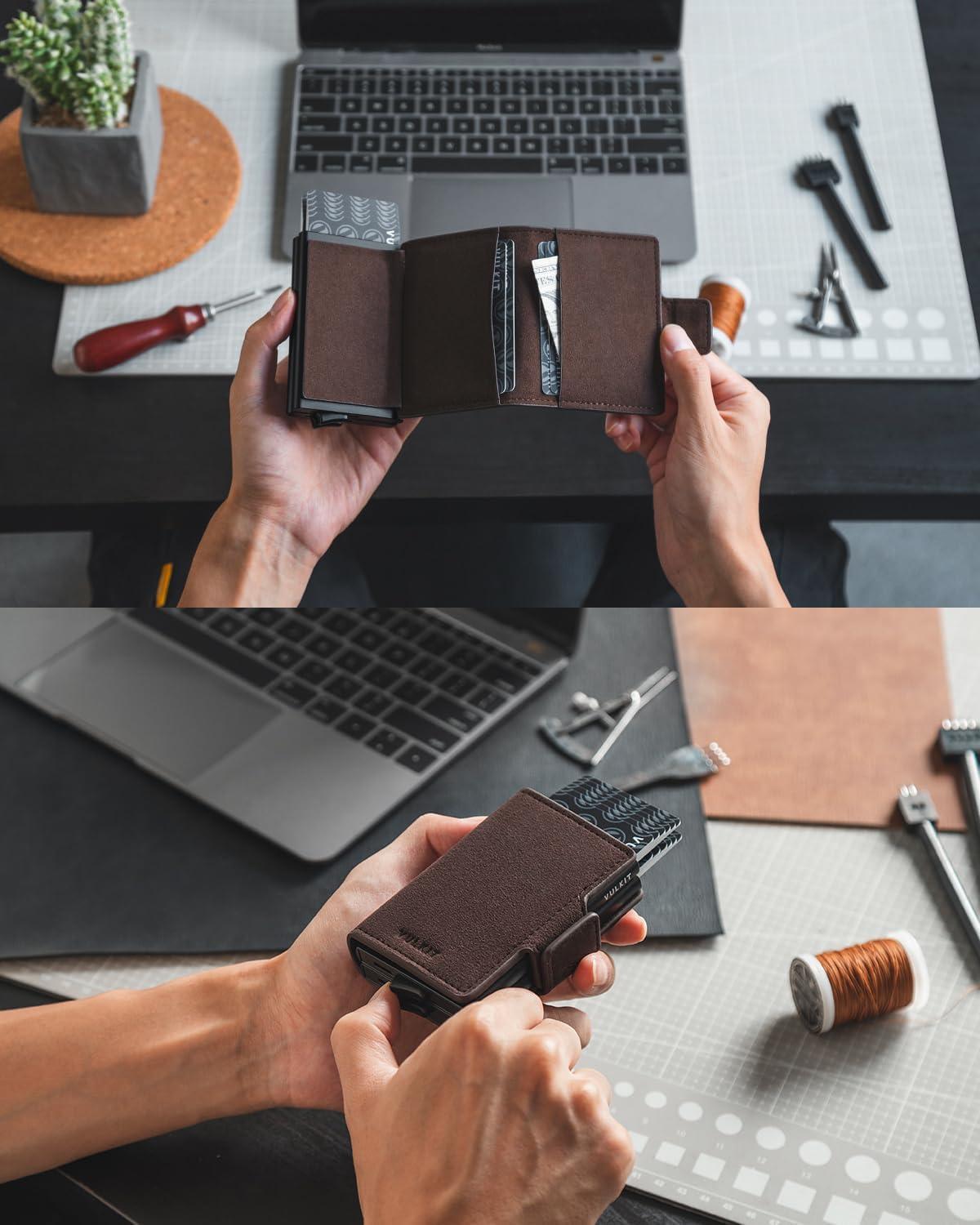 image:imageVULKIT Credit Card Holder RFID Blocking Leather Automatic Pop Up Wallet Magnetic Wallet Double Card Case for Men and WomenAlcantara Brown