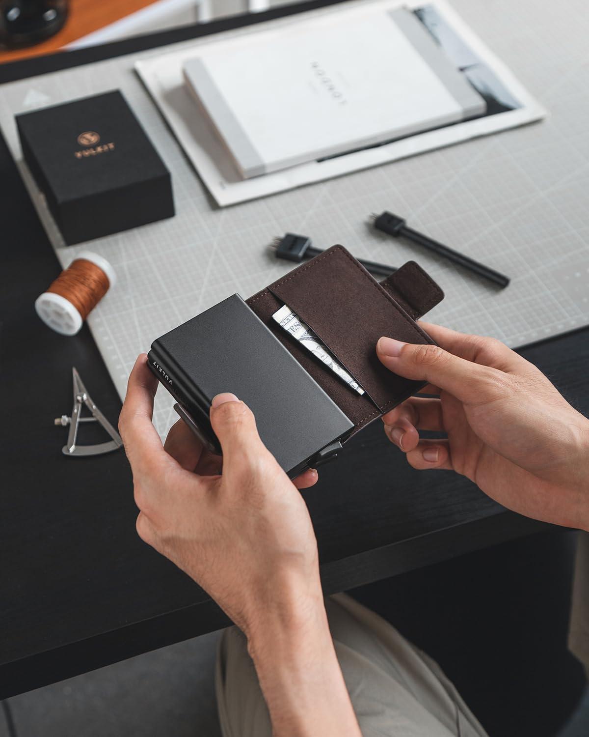 image:imageVULKIT Credit Card Holder RFID Blocking Leather Automatic Pop Up Wallet Magnetic Wallet Double Card Case for Men and WomenAlcantara Brown