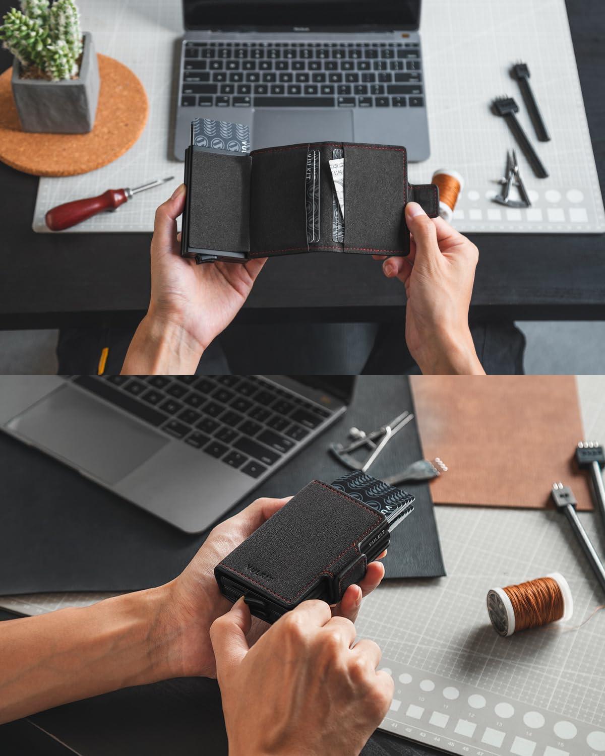 image:imageVULKIT Credit Card Holder RFID Blocking Leather Automatic Pop Up Wallet Magnetic Wallet Double Card Case for Men and WomenAlcantara Dark Grey