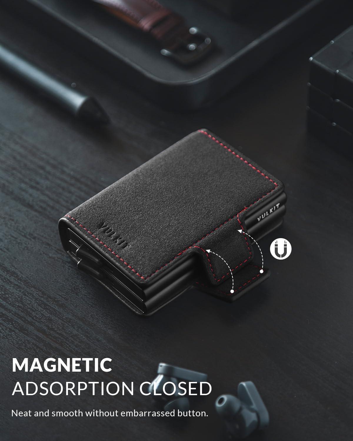 image:imageVULKIT Credit Card Holder RFID Blocking Leather Automatic Pop Up Wallet Magnetic Wallet Double Card Case for Men and WomenAlcantara Dark Grey