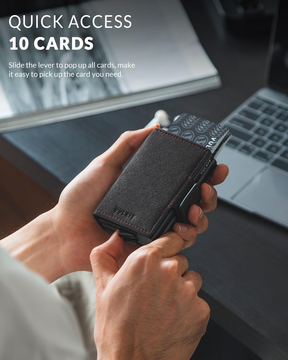 image:imageVULKIT Credit Card Holder RFID Blocking Leather Automatic Pop Up Wallet Magnetic Wallet Double Card Case for Men and WomenAlcantara Dark Grey