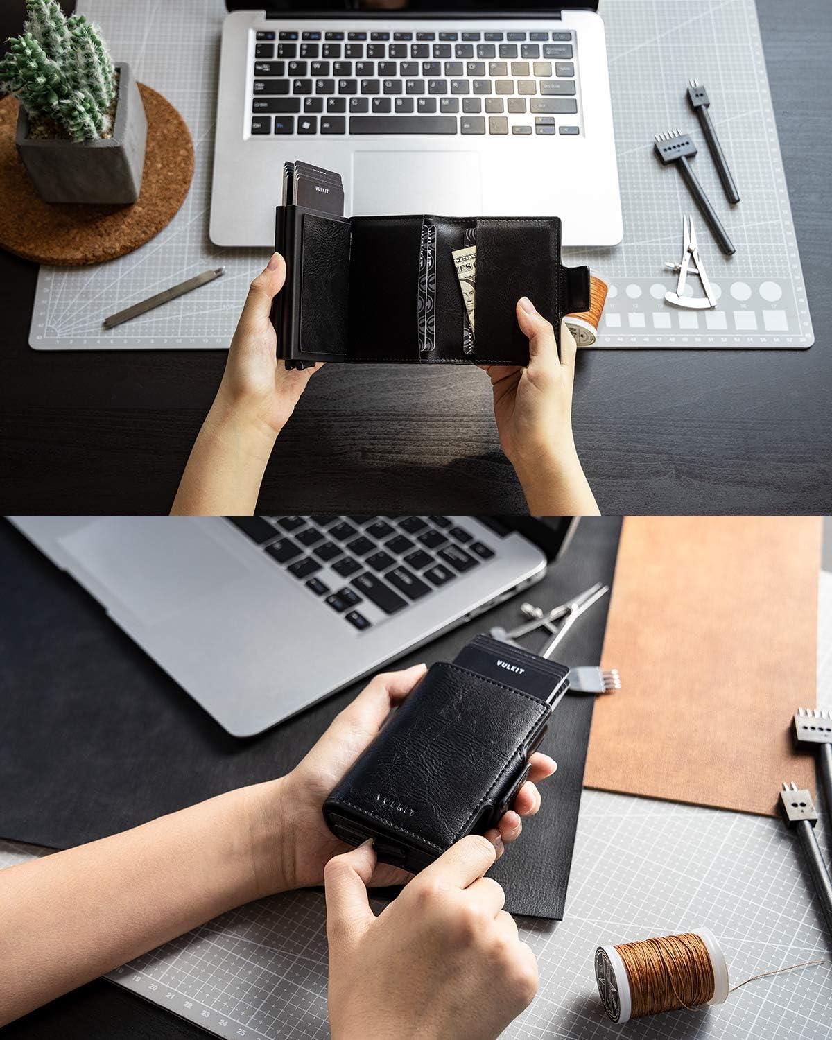 image:imageVULKIT Credit Card Holder RFID Blocking Leather Automatic Pop Up Wallet Magnetic Wallet Double Card Case for Men and WomenBlack
