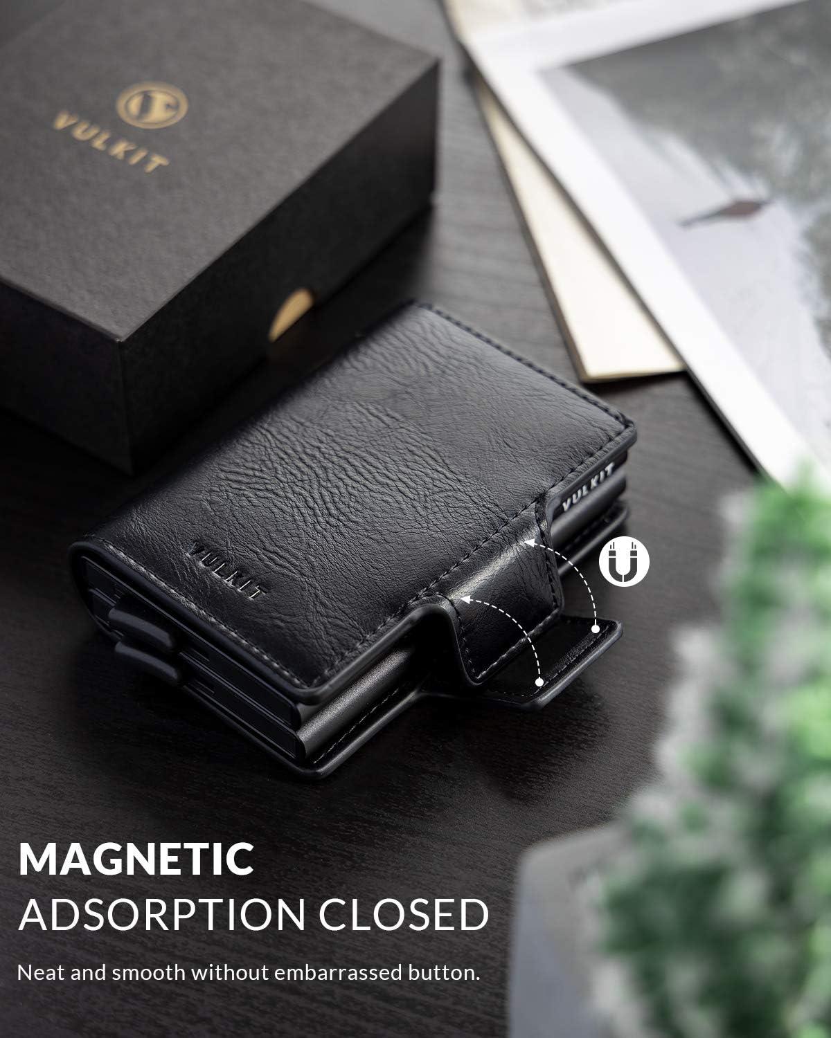image:imageVULKIT Credit Card Holder RFID Blocking Leather Automatic Pop Up Wallet Magnetic Wallet Double Card Case for Men and WomenBlack