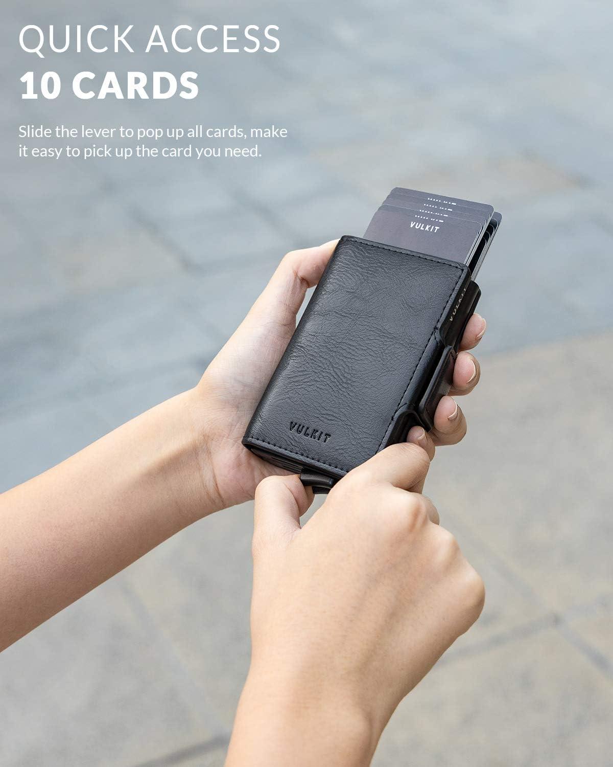 image:imageVULKIT Credit Card Holder RFID Blocking Leather Automatic Pop Up Wallet Magnetic Wallet Double Card Case for Men and WomenBlack