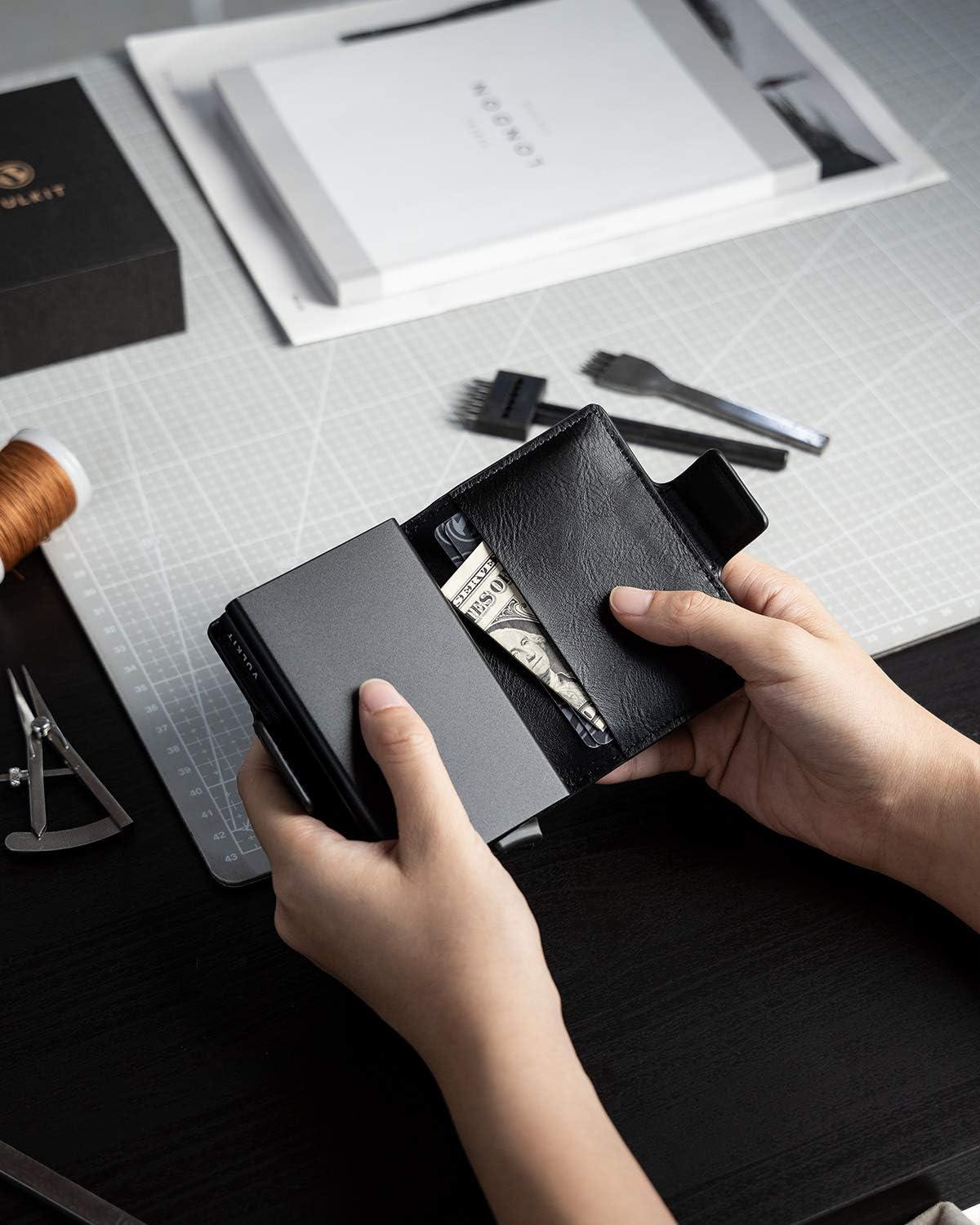 image:imageVULKIT Credit Card Holder RFID Blocking Leather Automatic Pop Up Wallet Magnetic Wallet Double Card Case for Men and WomenBlack