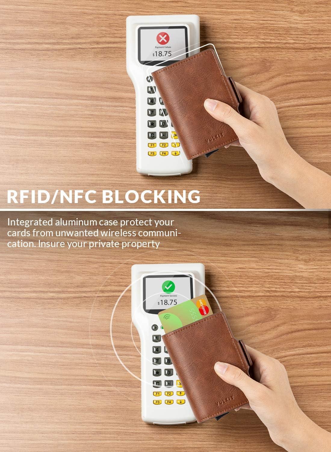 image:imageVULKIT Credit Card Holder RFID Blocking Leather Automatic Pop Up Wallet Magnetic Wallet Double Card Case for Men and WomenBrown