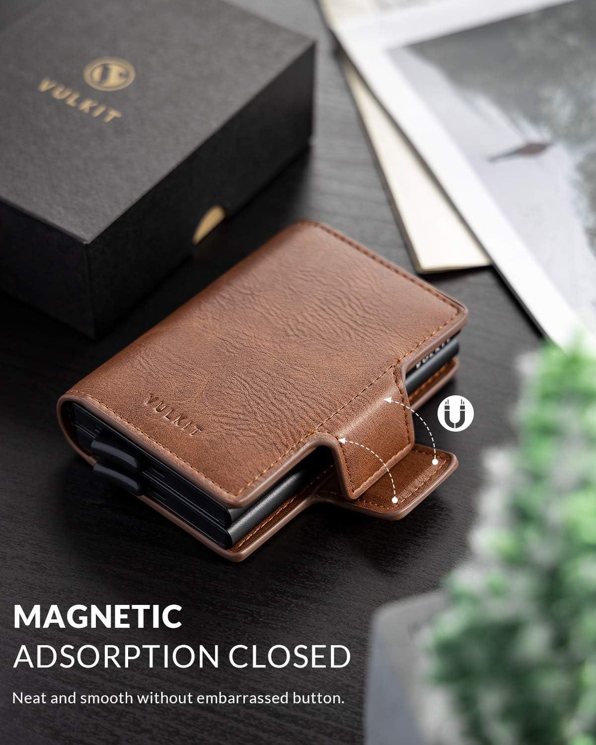 image:imageVULKIT Credit Card Holder RFID Blocking Leather Automatic Pop Up Wallet Magnetic Wallet Double Card Case for Men and WomenBrown