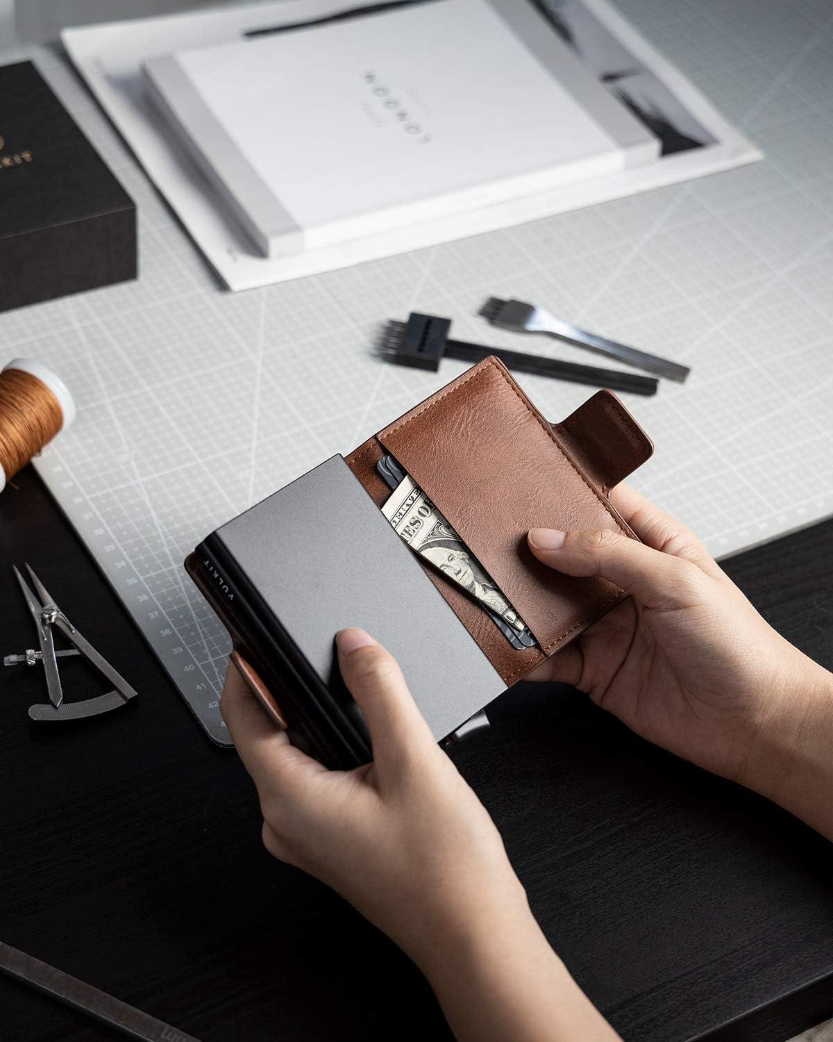 image:imageVULKIT Credit Card Holder RFID Blocking Leather Automatic Pop Up Wallet Magnetic Wallet Double Card Case for Men and WomenBrown