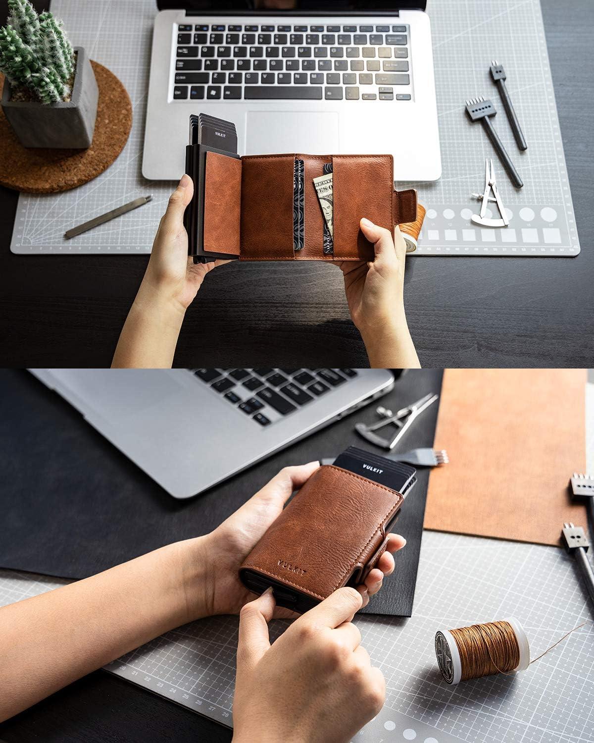 image:imageVULKIT Credit Card Holder RFID Blocking Leather Automatic Pop Up Wallet Magnetic Wallet Double Card Case for Men and WomenBrown
