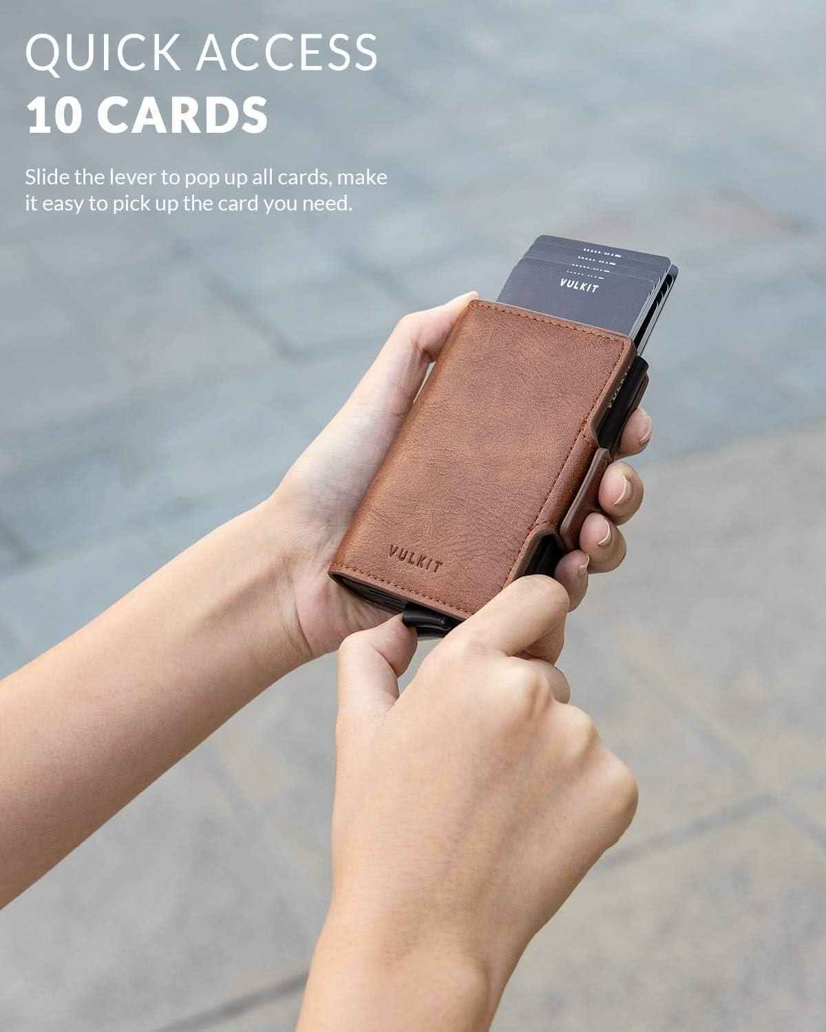 image:imageVULKIT Credit Card Holder RFID Blocking Leather Automatic Pop Up Wallet Magnetic Wallet Double Card Case for Men and WomenBrown