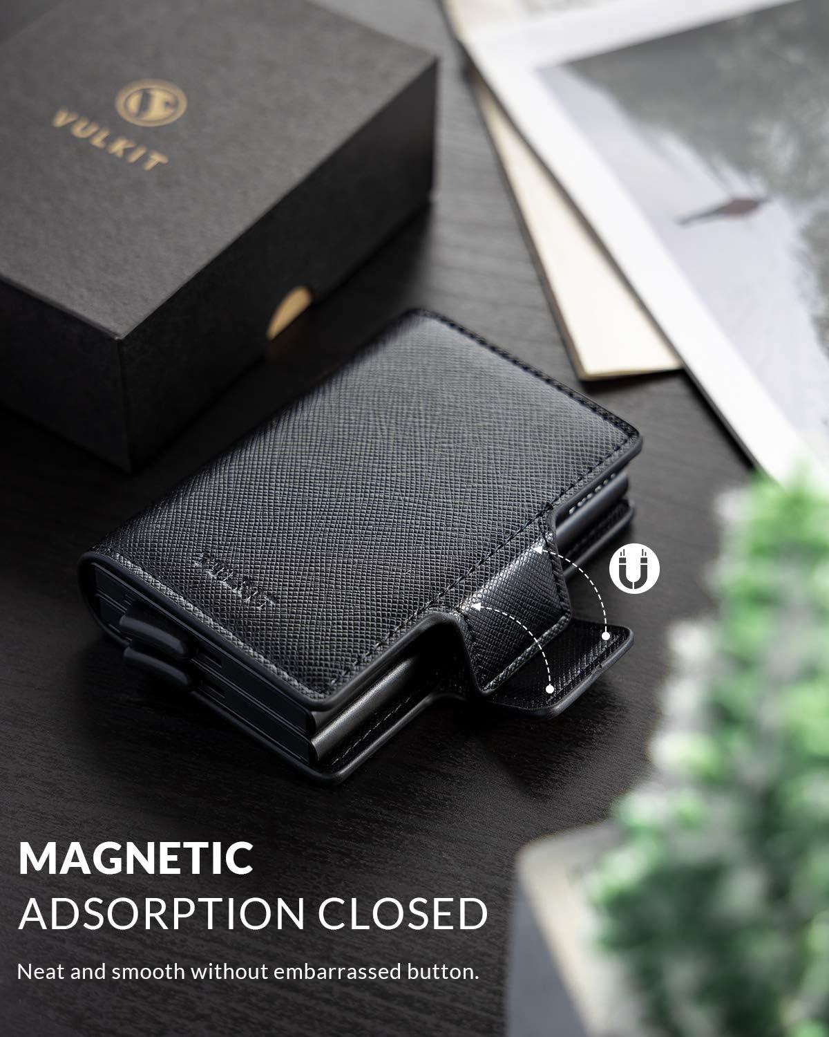 image:imageVULKIT Credit Card Holder RFID Blocking Leather Automatic Pop Up Wallet Magnetic Wallet Double Card Case for Men and WomenCross Black
