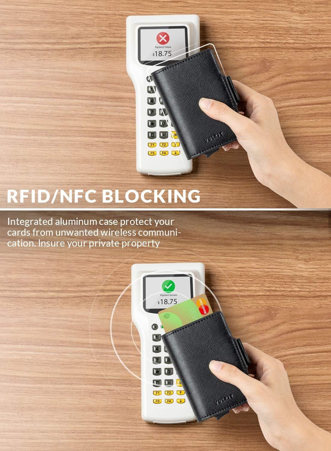 image:imageVULKIT Credit Card Holder RFID Blocking Leather Automatic Pop Up Wallet Magnetic Wallet Double Card Case for Men and WomenCross Black