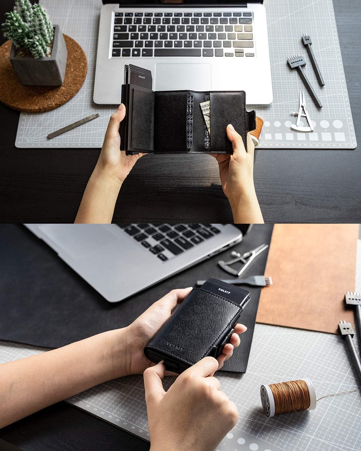 image:imageVULKIT Credit Card Holder RFID Blocking Leather Automatic Pop Up Wallet Magnetic Wallet Double Card Case for Men and WomenCross Black