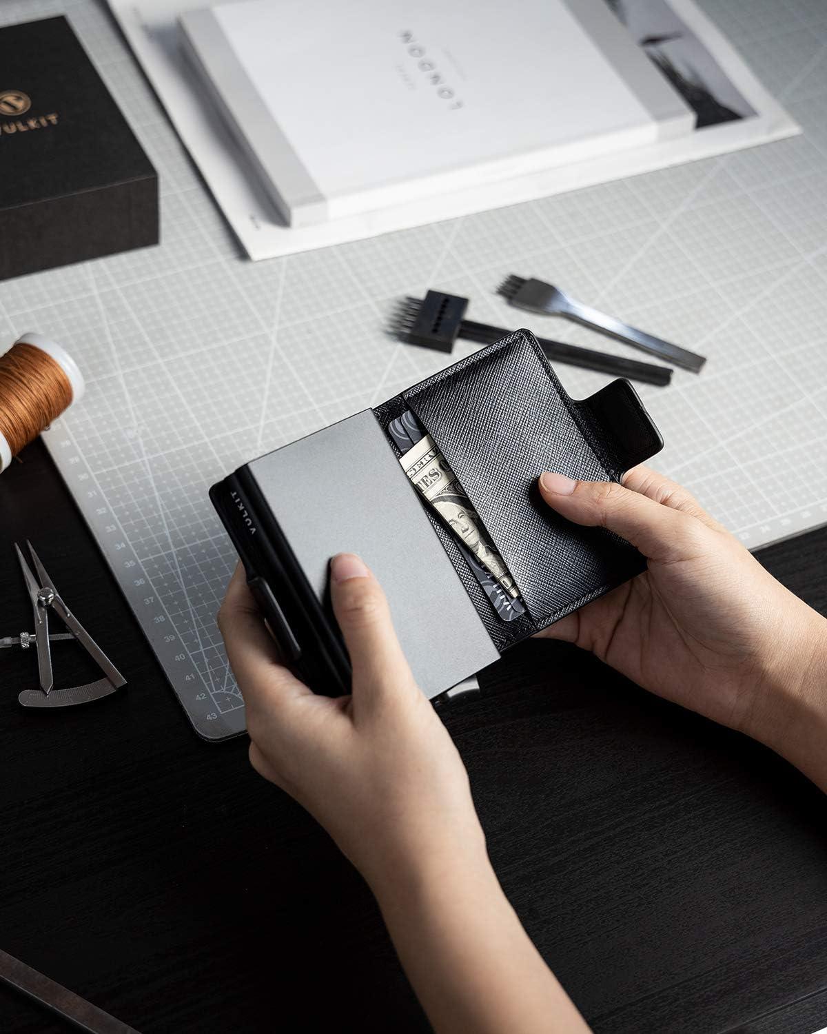 image:imageVULKIT Credit Card Holder RFID Blocking Leather Automatic Pop Up Wallet Magnetic Wallet Double Card Case for Men and WomenCross Black