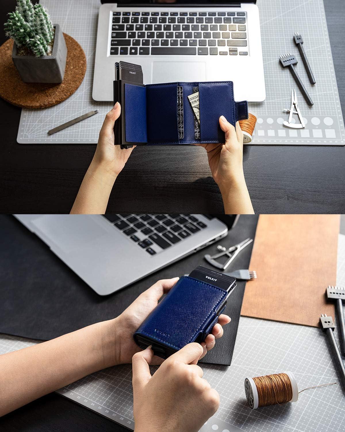 image:imageVULKIT Credit Card Holder RFID Blocking Leather Automatic Pop Up Wallet Magnetic Wallet Double Card Case for Men and WomenCross Navy