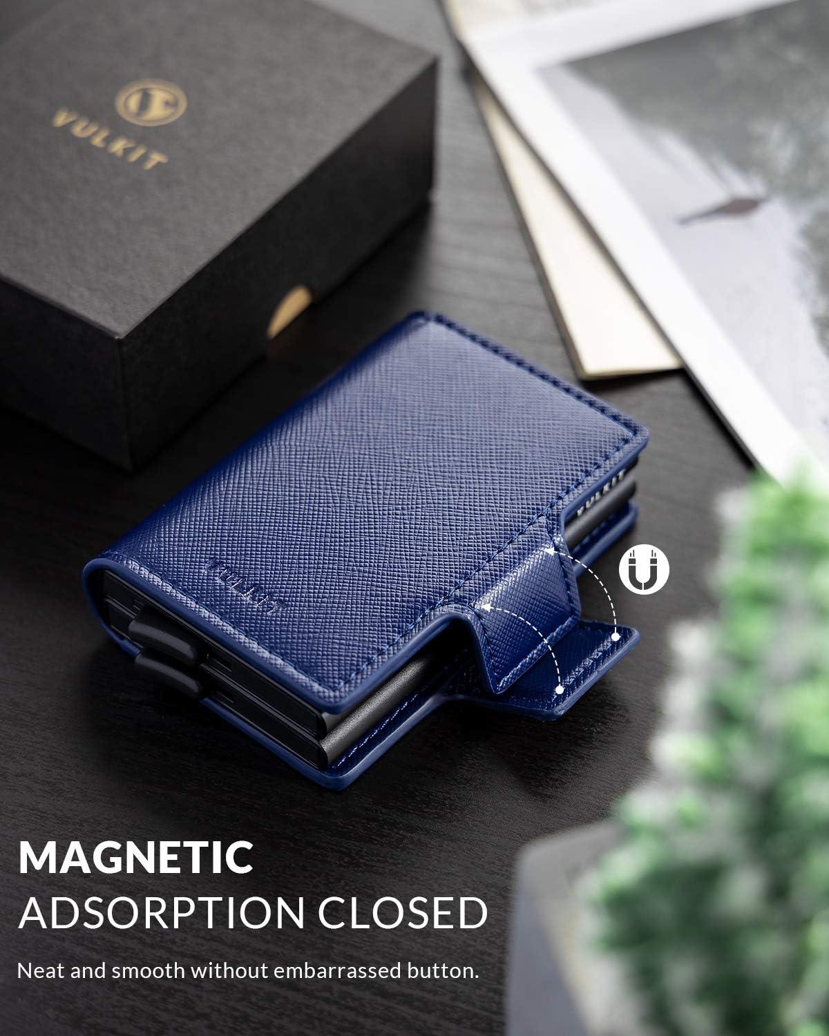 image:imageVULKIT Credit Card Holder RFID Blocking Leather Automatic Pop Up Wallet Magnetic Wallet Double Card Case for Men and WomenCross Navy