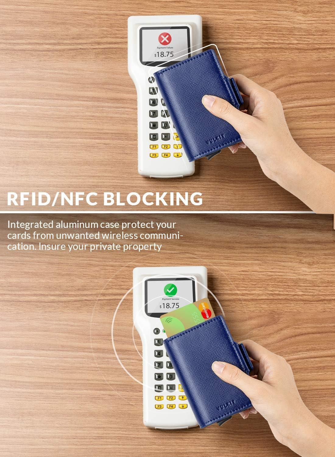 image:imageVULKIT Credit Card Holder RFID Blocking Leather Automatic Pop Up Wallet Magnetic Wallet Double Card Case for Men and WomenCross Navy