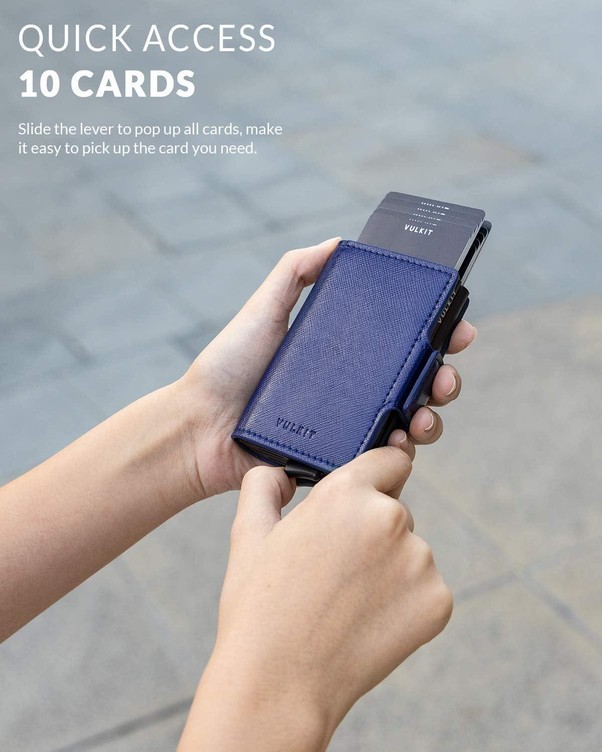 image:imageVULKIT Credit Card Holder RFID Blocking Leather Automatic Pop Up Wallet Magnetic Wallet Double Card Case for Men and WomenCross Navy